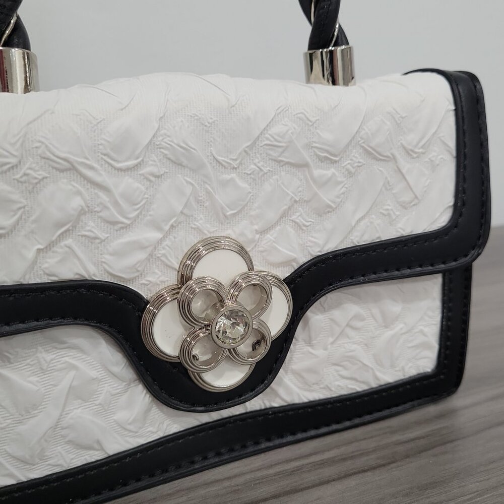 Chic Black/White Textures Floral Mini Crossbody Top Handle Bag w/Twilly - Picture 7 of 13